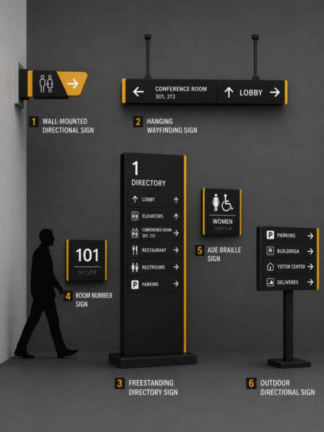 Wayfinding Signs & Signage 7 Wayfinding signage system structure diagram with directory signs, ADA signs, parking signs, and directional signs